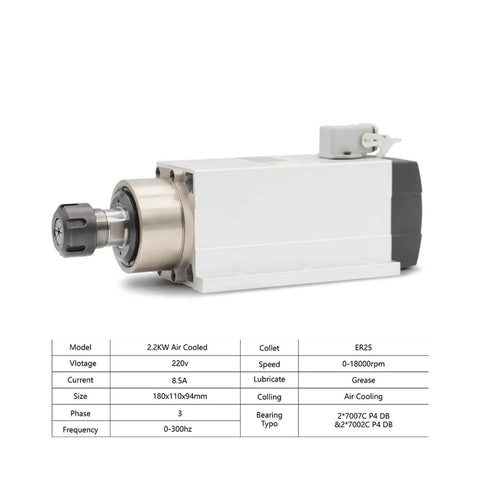 Air Cooled Spindle Motor With Mounting Flange 2.2KW ER25 Ceramic Ball Bearings 0.01mm Accuracy 380V aluminum housing side view