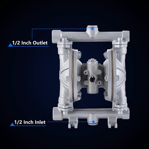 Air Operated Double Diaphragm Pump With One Half Inch Inlet And Outlet For Waste Oil And Chemical Transfer, front view, stainless steel body