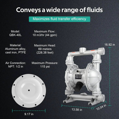Image of Air Operated Double Diaphragm Pump for Oil Transfer with one and a half inch inlet and outlet, 44 GPM, up to 115 PSI, aluminum alloy body.