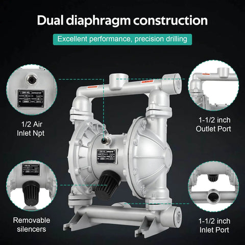 Air Operated Double Diaphragm Pump For Oil Transfer With One And A Half Inch Inlet And Outlet, 44 GPM, Up To 115 PSI, Aluminum Alloy