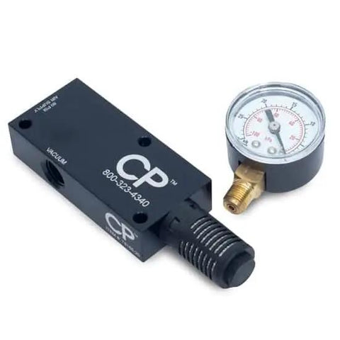 Air Powered Venturi Vacuum Pump Workhorse For Lab And Industrial Use, 3.2 CFM Flow, 28 InHg Vacuum, with attached gauge