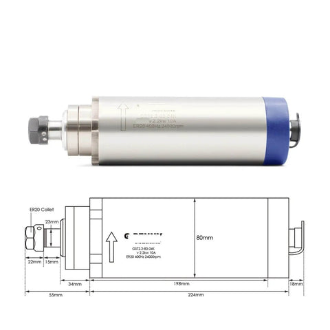 Diagram and side view of 2.2kW Beefed Up Air Cooled ER20 Spindle With 4 Bearing, 220V, 24000 RPM, 80mm Aluminum Mounting Bracket