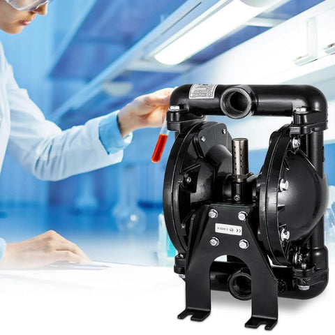Air Operated Double Diaphragm Pump 1 Inch Inlet Outlet Aluminum, PTFE Diaphragms, shown in a laboratory setting with technician.