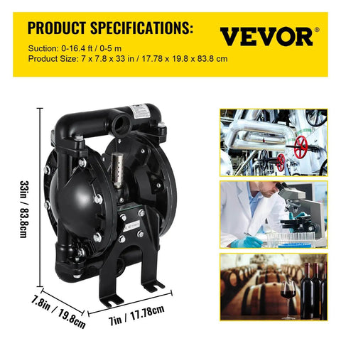 Air Operated Double Diaphragm Pump 1 Inch Inlet Outlet Aluminum, 35 GPM Max, 120 PSI, Industrial Use, PTFE Diaphragms