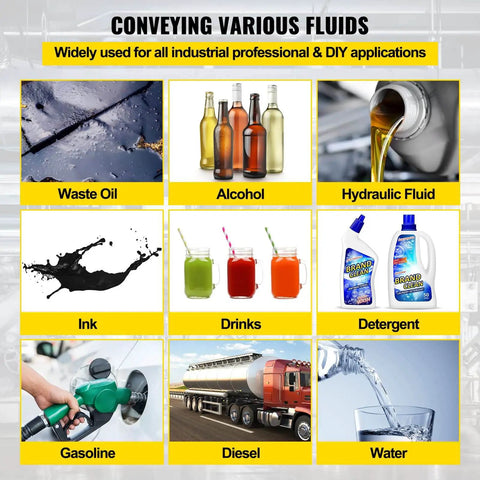 Various fluids for industrial use including waste oil, alcohol, hydraulic fluid, ink, drinks, detergent, gasoline, diesel, and water.