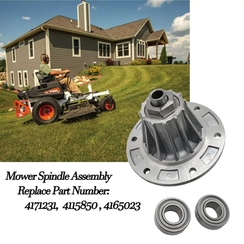Premium Aluminum Diecast Lawn Mower Spindle Assembly With Bearings Replacement For Bobcat ZT3000 ZT3500 Mowers with part numbers 4171231, 4115850, 4165023, shown next to a lawn mower and house