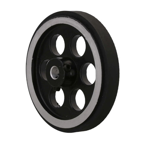 Front view of Workhorse Aluminum Encoder Wheel For Rotary Encoder 65mm Diameter Meter Wheel With 0.24 Inch Bore Industrial Grade Durable Aluminum And Rubber Construction Includes Wrench And Screws Easy Install Precision Fit For Rotary Encoders