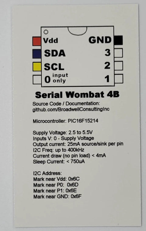 Wiring diagram and specifications for Serial Wombat 4B module, including Vdd, GND, SDA, SCL pins, I2C address, and voltage details.