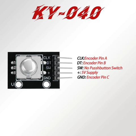 KY-040 360 Degree Rotary Encoder Module Kit close-up showing connection pins for Arduino, including CLK, DT, and GND.
