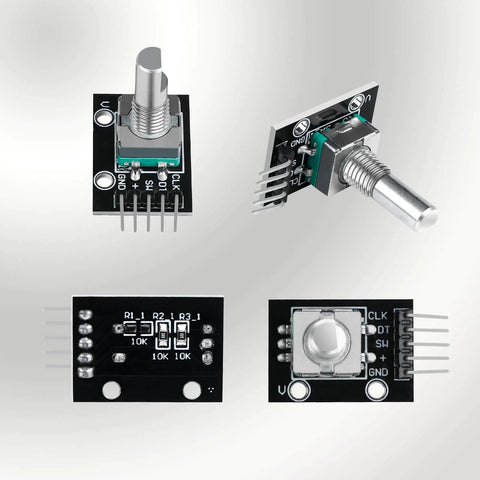 KY-040 360 Degree Rotary Encoder Module Kit With Knob Caps For Arduino Pack Of 6 close-up front and side views, black PCB with pins