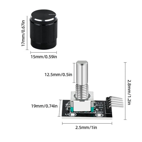 KY-040 360 Degree Rotary Encoder Module Kit dimensions with knob cap for Arduino projects, showing precise measurements.