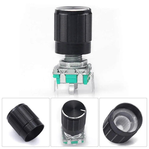Five Pack 360 Degree Rotary Encoder With Push Button EC11 Code Switch Digital Potentiometer Kit, 5 Pin, 20mm Shaft, Knob Cap