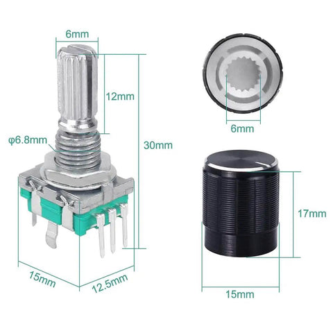 Five Pack 360 Degree Rotary Encoder With Push Button EC11 Code Switch Digital Potentiometer Kit For Arduino with dimensions