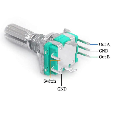 Five Pack 360 Degree Rotary Encoder With Push Button EC11 Code Switch Digital Potentiometer Kit for Arduino, showing pins and switch.