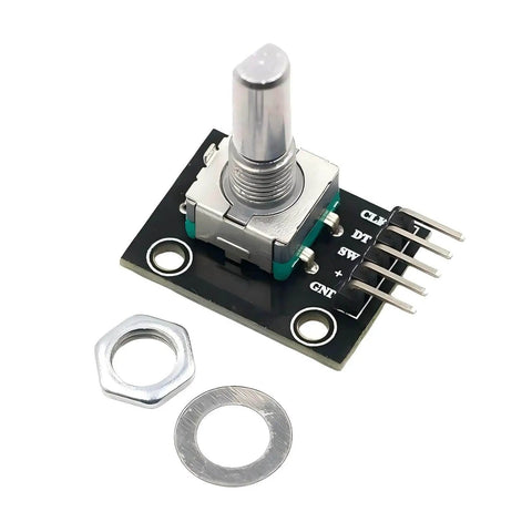 Five Pack 360 Degree Rotary Encoder Modules Set For Arduino Projects With Black Knob Caps KY 040 Compatible, showing module and assembly parts