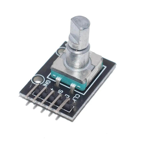 Close-up of 360 degree rotary encoder module from five pack for Arduino, featuring 5V pulse and 20 incremental encoders with sensor switches.