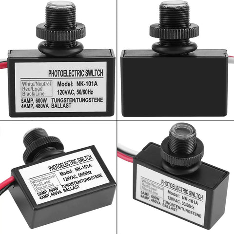 Automatic Photoelectric Switch For Lighting Fixtures, 120VAC Light Sensor Control For Hands Free On Off, multiple views.