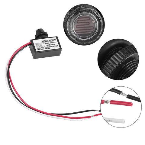 Close up of an Automatic Photoelectric Switch For Lighting Fixtures, 120VAC Light Sensor Control with wires and sensor details.