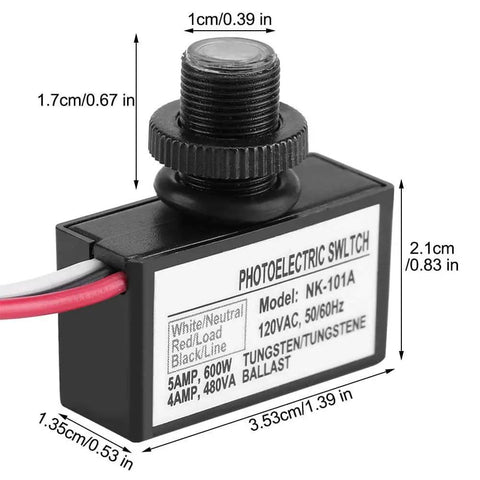 Automatic Photoelectric Light Switch With 120VAC Sensor Auto On Off Day Night Control, dimensions, wires, and label details.