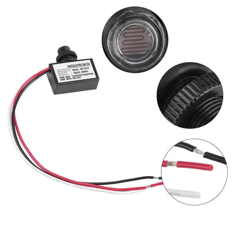 Automatic Photoelectric Light Switch with 120VAC Sensor showing wiring and sensor details for indoor and outdoor use.