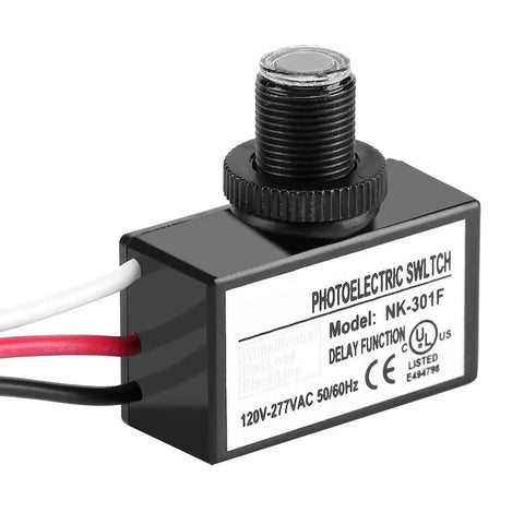 Automatic Photoelectric Sensor Switch for Lighting with Dusk to Dawn, black housing, close-up view showing model and specifications.