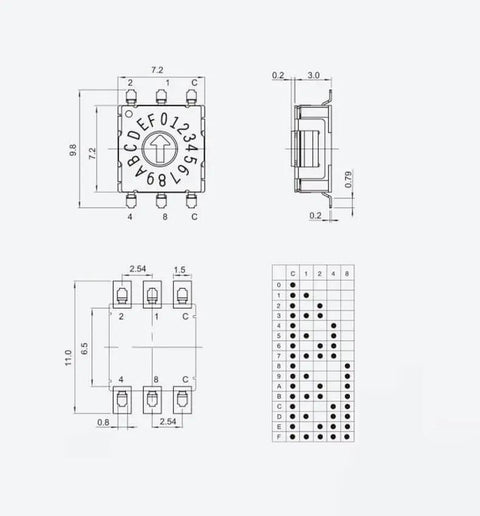 Technical diagram of 5Pcs Tiny Rotary Encoder Switch With BCD 8421 Coding 16 Position Digital DIP Multi Position Digital RST 16RM PT
