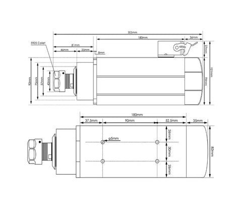 Technical diagram of Beefy Air Cooled CNC Spindle 2.2KW ER25 220V 380V High Speed Milling Spindle showing dimensions and specifications.