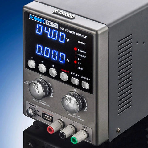 Front view of 30V 5A Bench DC Power Supply Kit With USB Output showing precise rotary encoder dial and digital display.