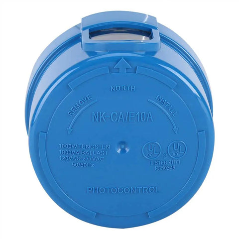 Blue Dusk To Dawn Outdoor Light Sensor Switch with Auto On Off photo showing bottom view of photoelectric switch housing.