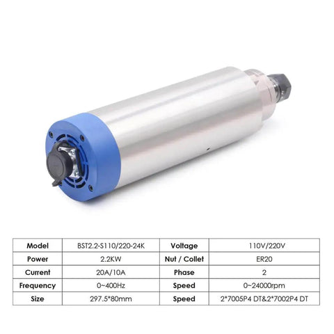Beefy 2.2kW ER20 Air Cooled Spindle Motor For CNC Machines 220V Inverter Ready showing power and specifications chart