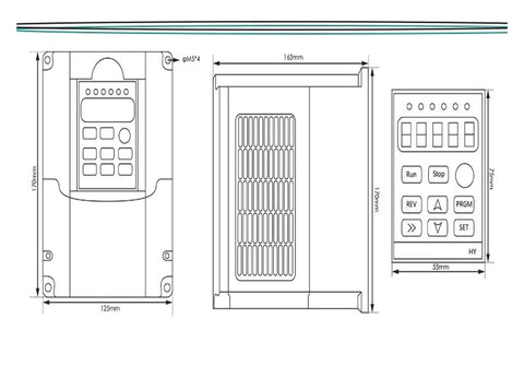 Technical drawing of 220V and 110V inverter VFD for Beefy Air Cooled ER11 Spindle Motor, 1.5 KW, 65mm diameter, CNC ready