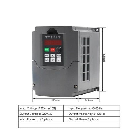 Beefy Air Cooled ER11 Spindle Motor inverter VFD for CNC machines, showing dimensions and front display, 220V AC, 1 or 3 phase compatible.