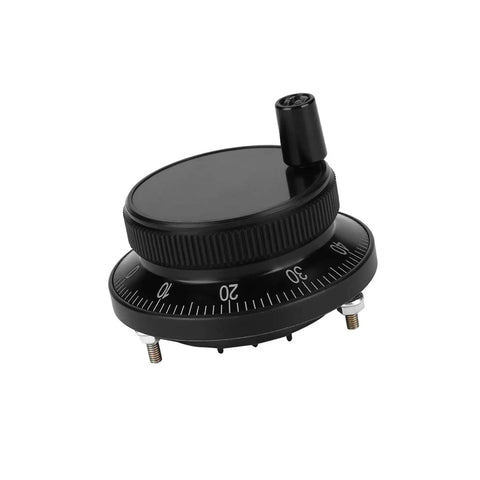 Close-up of 5V 60mm Rotary Encoder Handwheel for CNC Milling Machines Terminal Pulser Controller with black aviation aluminum body.