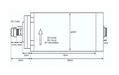 Technical diagram of 1.5kW ER11 Air Cooled Spindle With 4 Bearings 24000 RPM 65 By 204 mm Motor CNC High Speed Spindle For Wood Metal Plastic