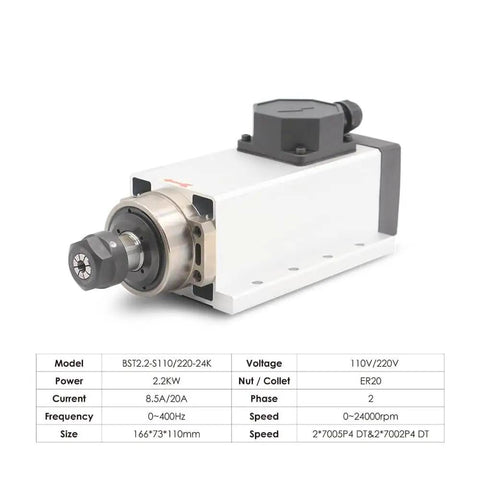 110V ER20 CNC Spindle Motor Beefy 2.2 kW Air Cooled 24,000 RPM ceramic ball bearings square type, inverter ready