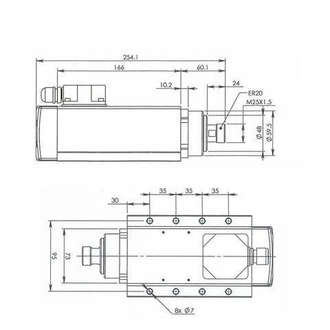 Technical drawing of 110V ER20 CNC Spindle Motor Beefy 2.2 kW Air Cooled 24,000 RPM Ceramic Ball Bearings Square Type
