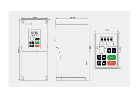 Diagram of 4kW inverter included with 3.5kW ER25 Air Cooled CNC Spindle Motor 220V 380V showing front and side dimensions of control panel.