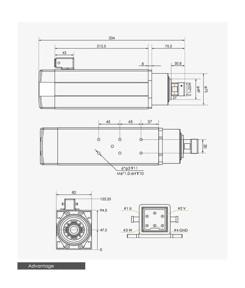 Technical drawing of 3.5kW ER25 Air Cooled CNC Spindle Motor 220V 380V with square spindle and ceramic ball bearings.