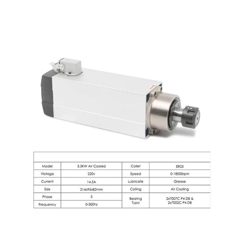 3.5kW ER25 Air Cooled CNC Spindle Motor 220V 380V with Square Spindle and Ceramic Ball Bearings for Precision Milling