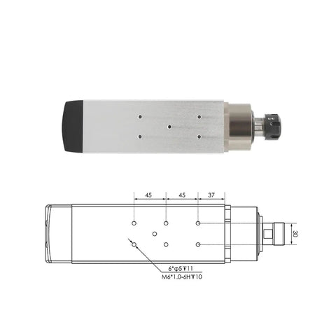 3.5kW ER25 Air Cooled CNC Spindle Motor 220V 380V with ceramic ball bearings and 0.01mm runout, includes 4kW inverter, top view and technical drawing.