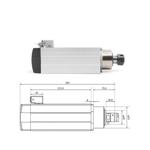 Side view and dimensions of 3.5kW ER25 Air Cooled CNC Spindle Motor 220V 380V with square spindle ceramic ball bearings