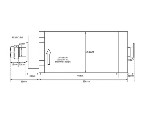 Technical diagram of Beefy 2.2KW ER20 Air Cooled Spindle Motor with 80mm bracket and dimensions for CNC machines