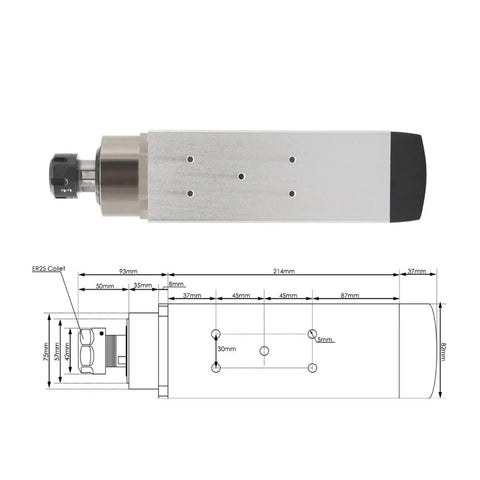 3.5KW ER25 Air Cooled Spindle Motor Bearings With Flange Or Without Flange 220V for CNC routers, side view with technical diagram