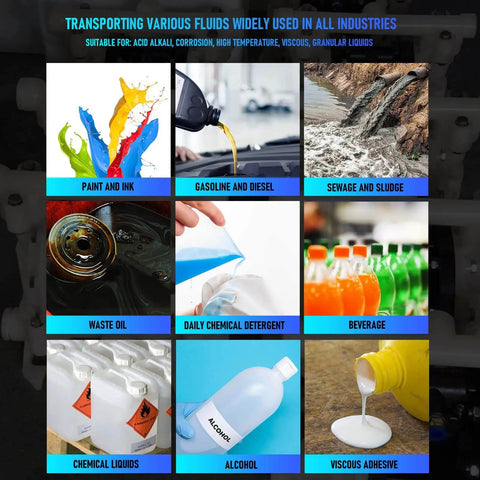 Chart of fluids a Pneumatic Double Diaphragm Pump with One and One Half Inch Inlet and Outlet DN40 Polypropylene Body 35 GPM Flow can transfer