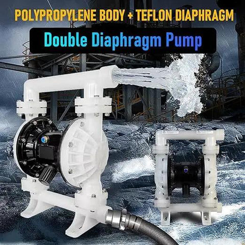 Pneumatic Double Diaphragm Pump With One And One Half Inch Inlet And Outlet DN40 Polypropylene Body 35 GPM Flow Up To 120 PSI