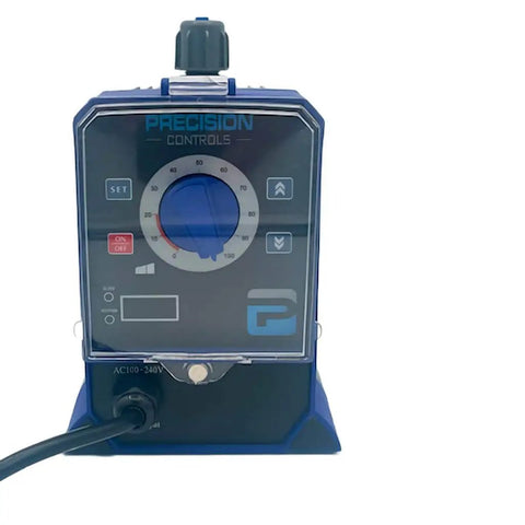 Front view of Precision Controls Diaphragm Metering Pump for Chlorine and Chemical Water Treatment 63.36 GPD at 75 PSI 115 Volt