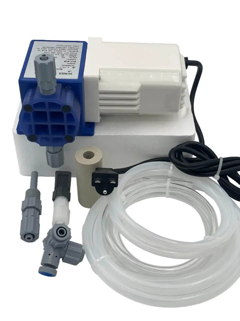 Chem Flow Diaphragm Pump For Chemical Metering And Chlorine Dosing, 7 Gallons Per Day, 100 PSI, 230 Volt, with tubing connections