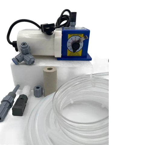 Chem Flow Diaphragm Pump for Chemical Metering and Chlorine Dosing with tubing, 7 GPD, 100 PSI, 230V, connections visible
