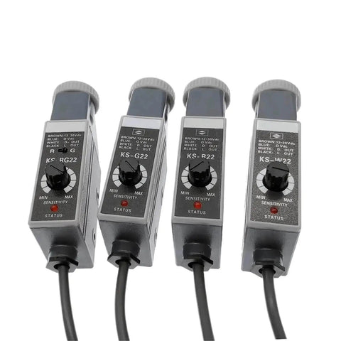 Four KS RG22, KS G22, KS R22, KS W22 color mark sensors with photoelectric switches for 10 to 30V DC systems