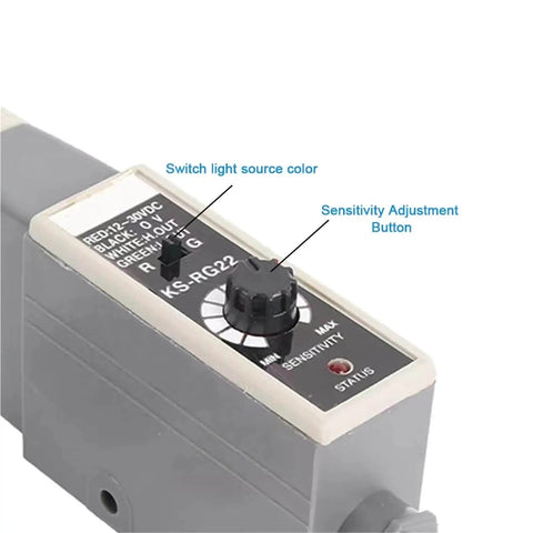 Close-up of KS-RG22 Color Mark Sensor with photoelectric switch, showing sensitivity adjustment and light source switch for 10-30V DC systems.